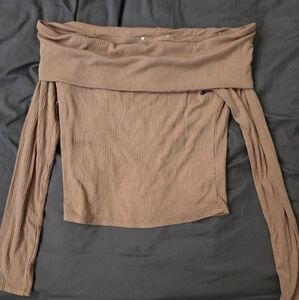 Brown Off-Shoulder Ribbed Top